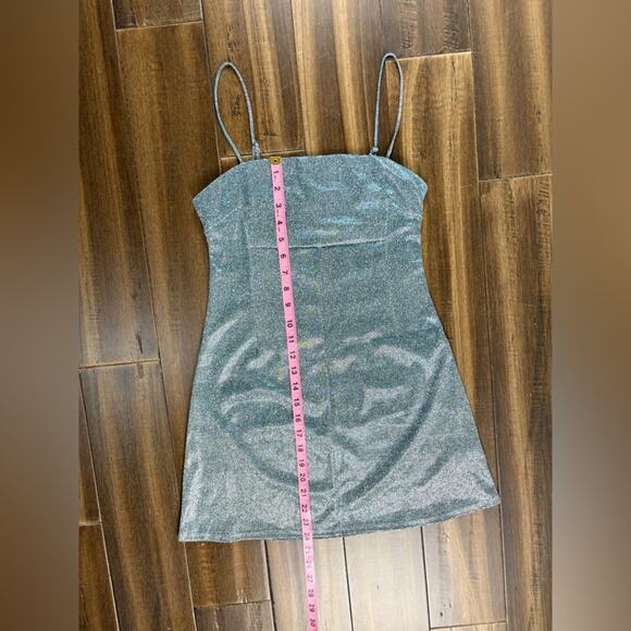 Size S Urban Outfitters Metallic Silver Tinsel Mini Dress Thin Straps y2k Square - Picture 5 of 13